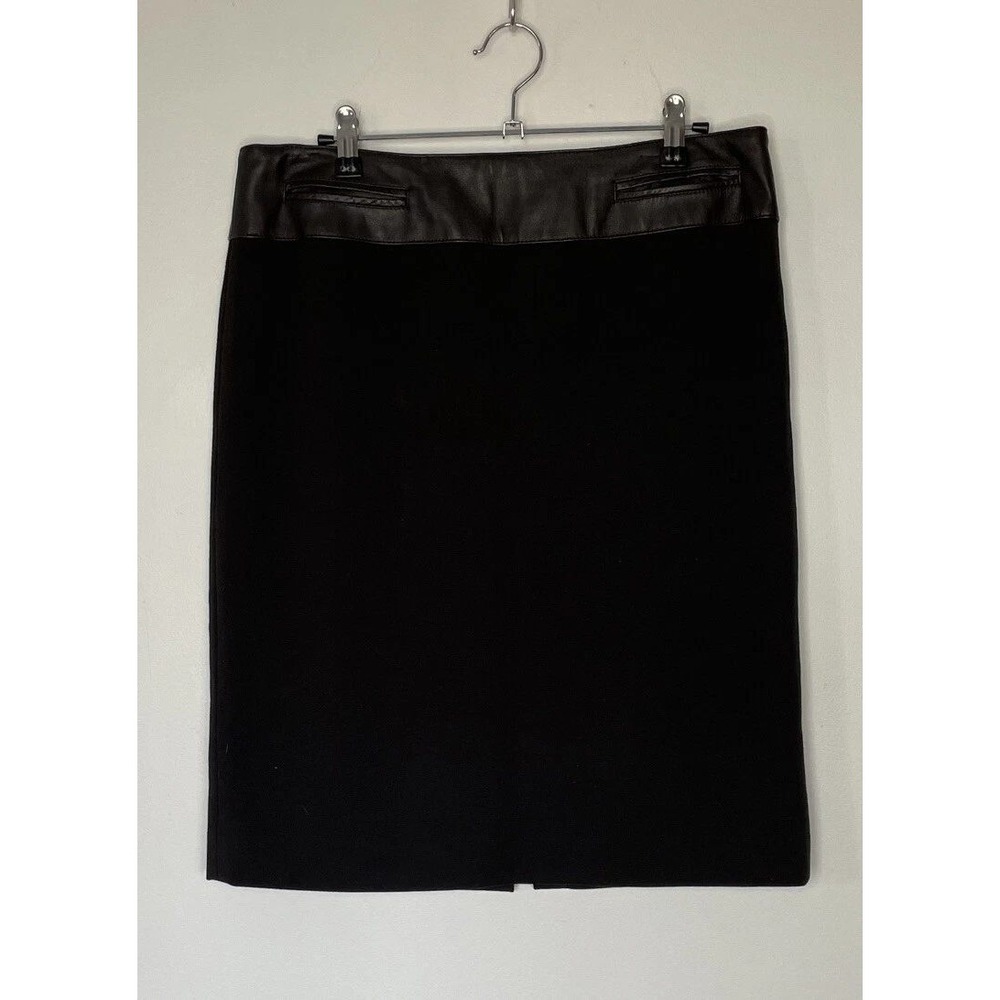 Worth New York Pencil Skirt Women 8 Black Leather Trim Wool Workwear Office Chic